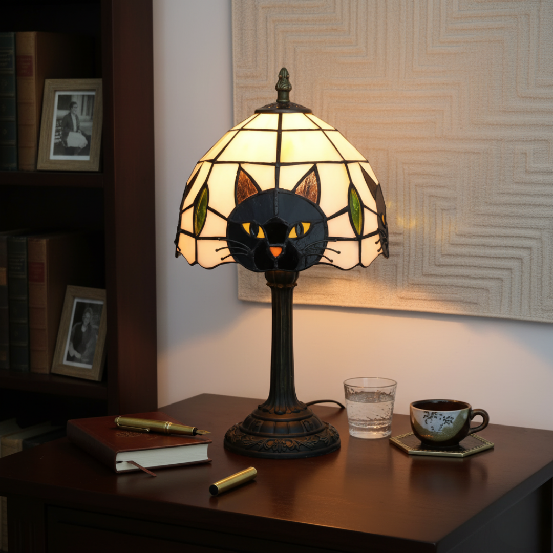 Retro Baroque Table Lamp with Black Cat