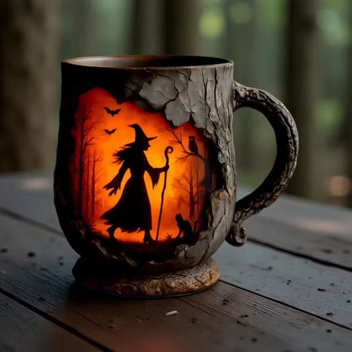 Crafted 3D Halloween Mug – with Witch and Cat Design