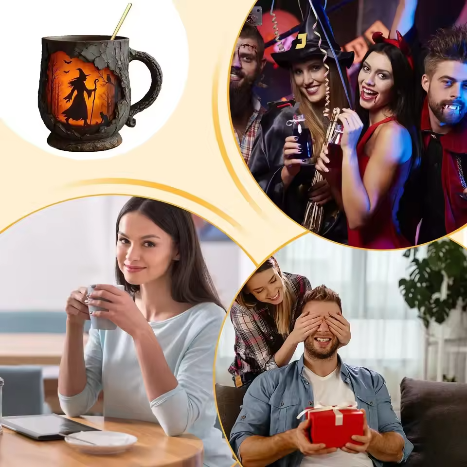 Crafted 3D Halloween Mug – with Witch and Cat Design